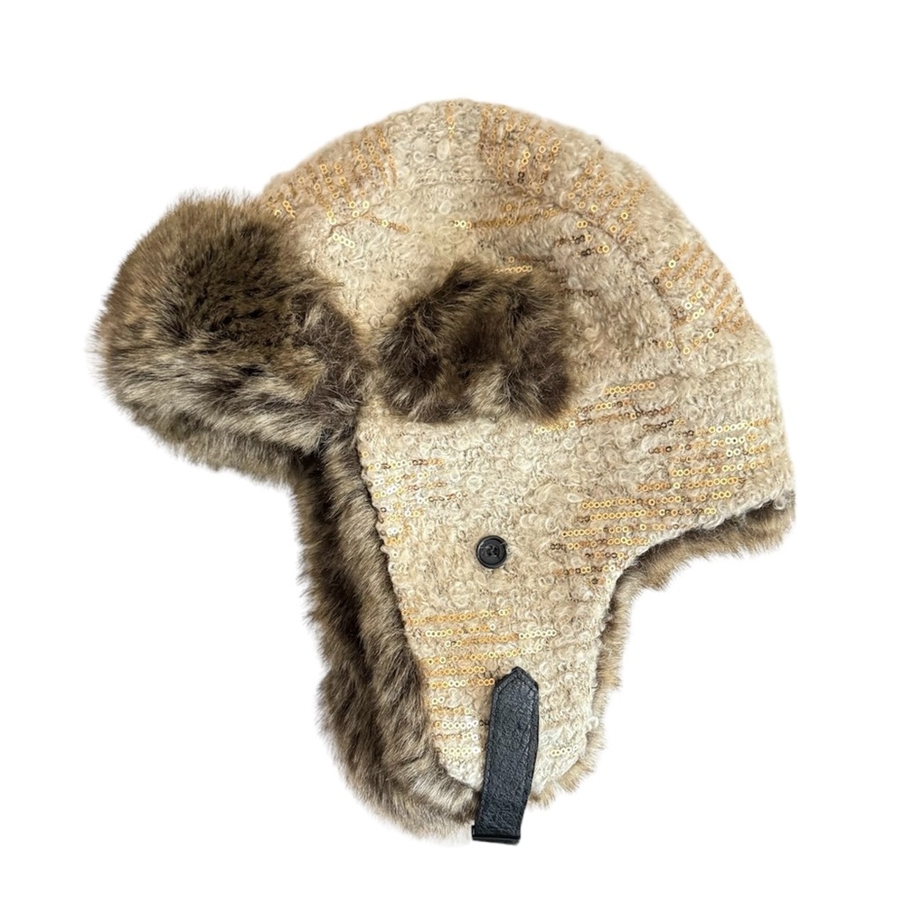Mudd Juniors Faux Fur Tan Sequins Trapper Hat Snap Closure Chin Strap